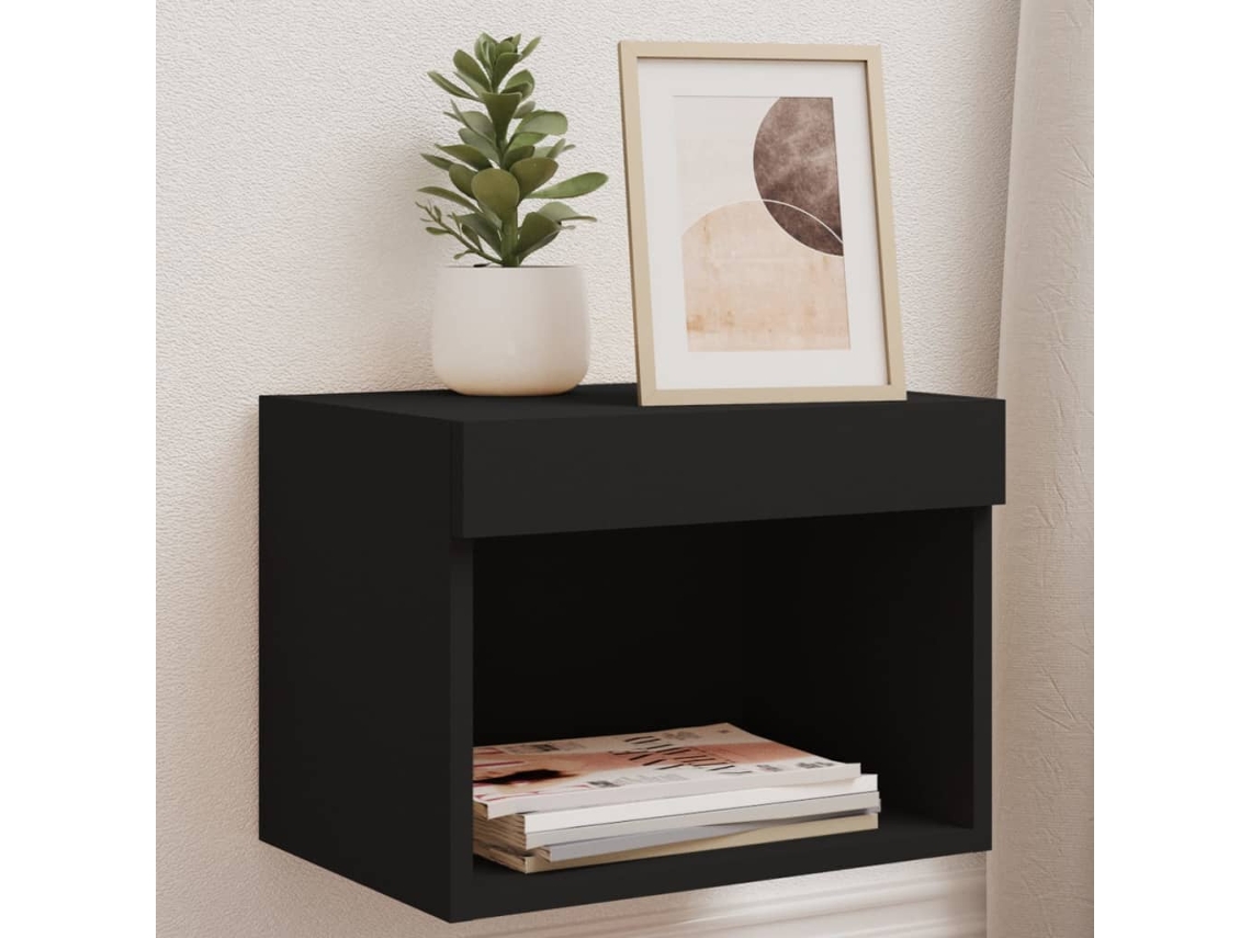 Mesita de Noche Pared Luces Led Madera Negro (40x30x30cm)
