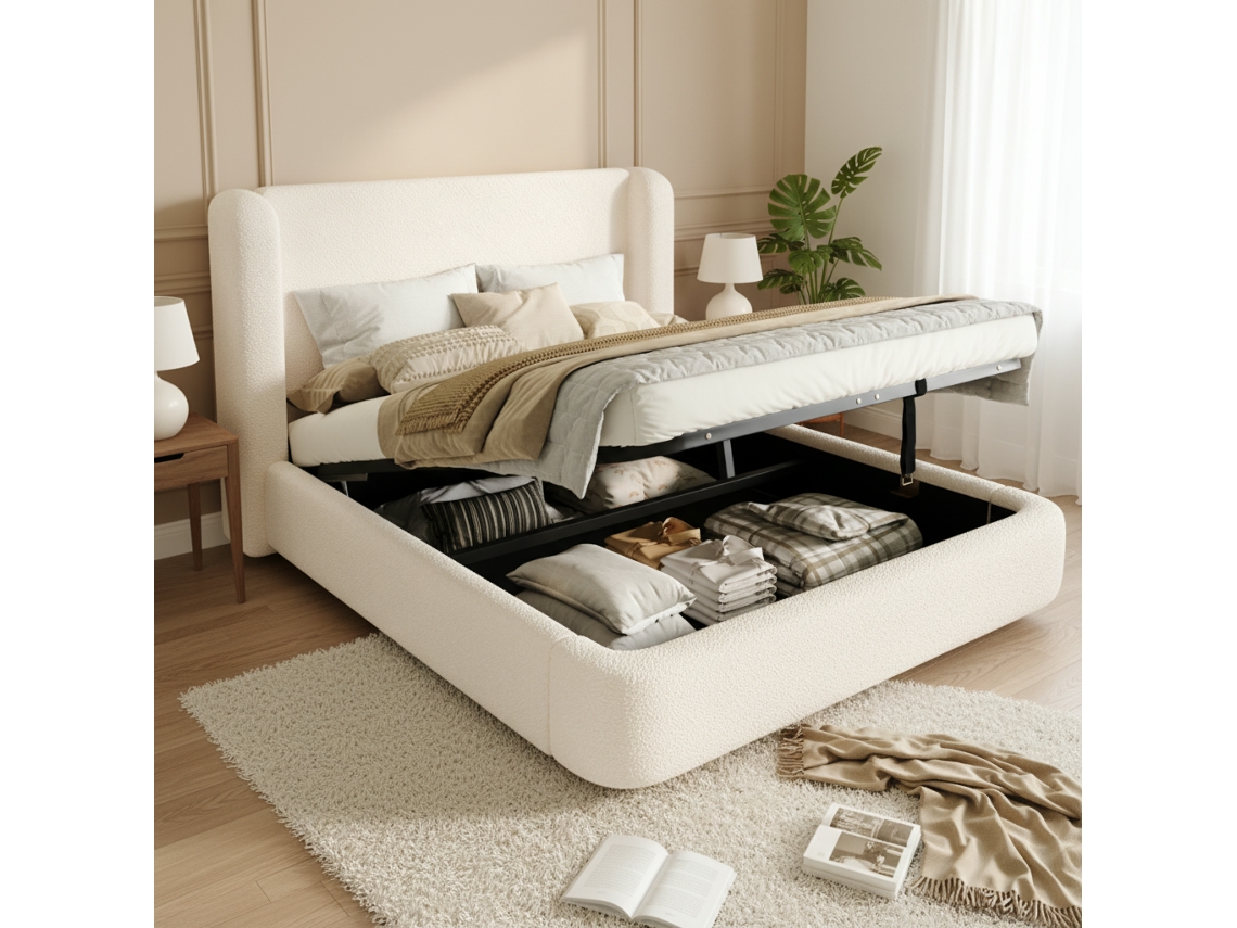 Cama Tapizada 160x200 - Canapé Hidráulico Y Somier - Beige Bouclé