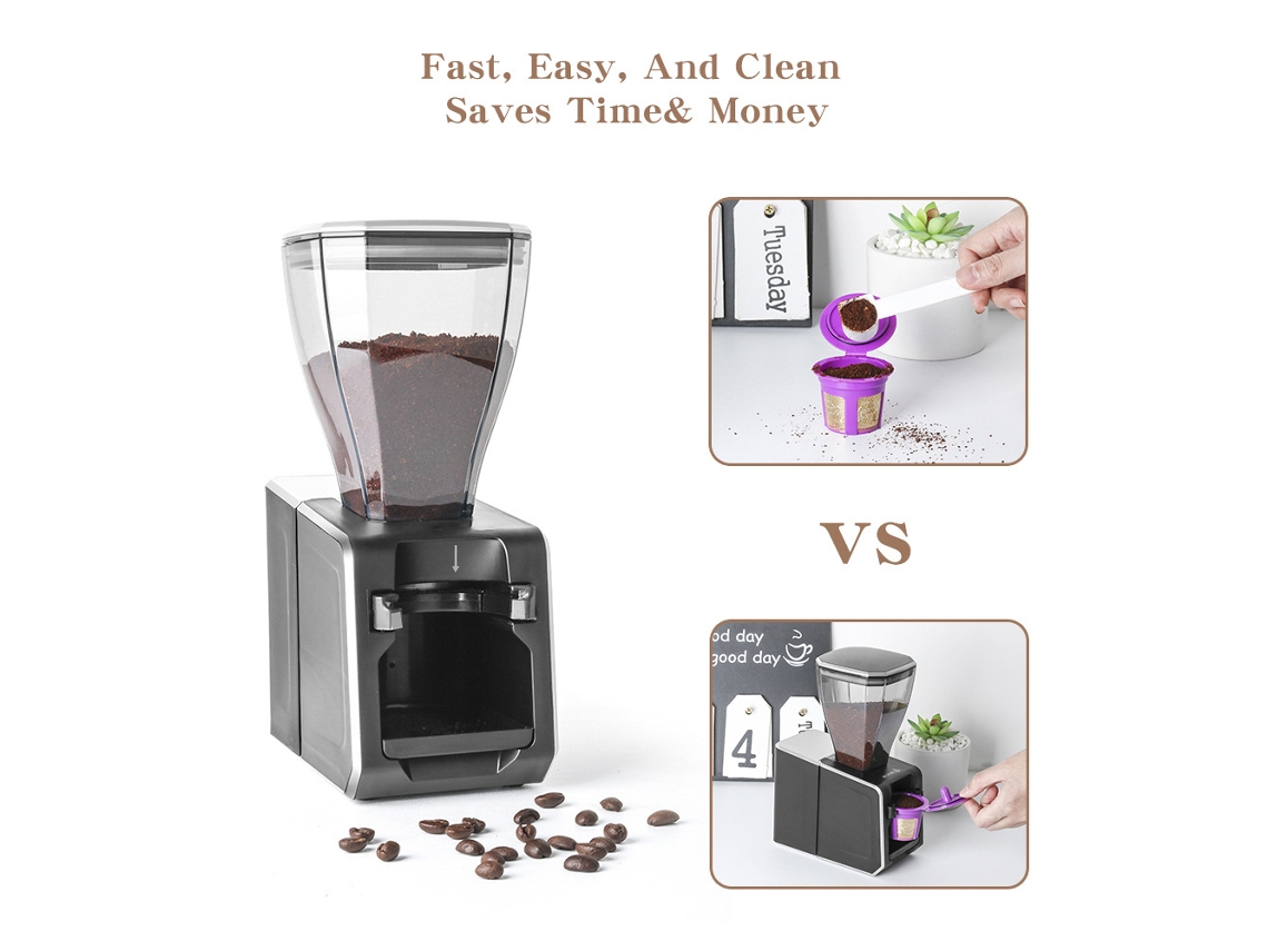 Máquina semiautomática reutilizable para rellenar cápsulas K-cup con almacenamiento 2 en 1