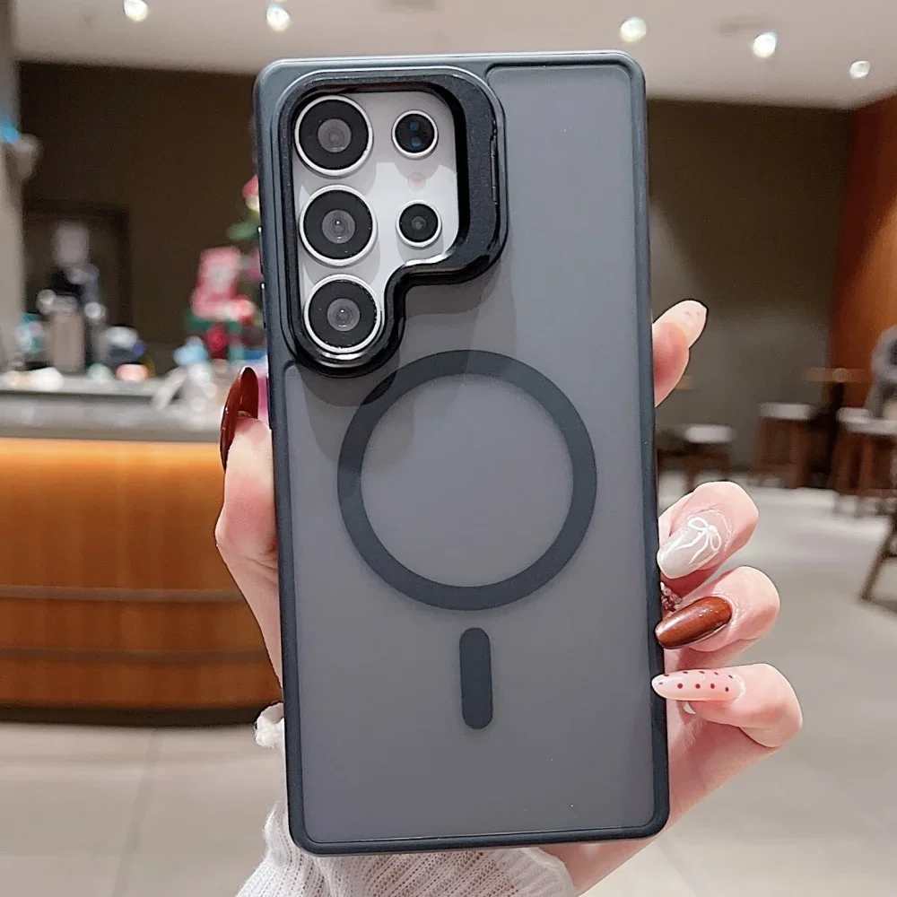 (negro, Galaxy S25) Funda Para Teléfono Con Acabado Mate Y Soporte Magnético De Metal Para La Lente, Fabricada En Materiales Acrílicos Y Tpu.