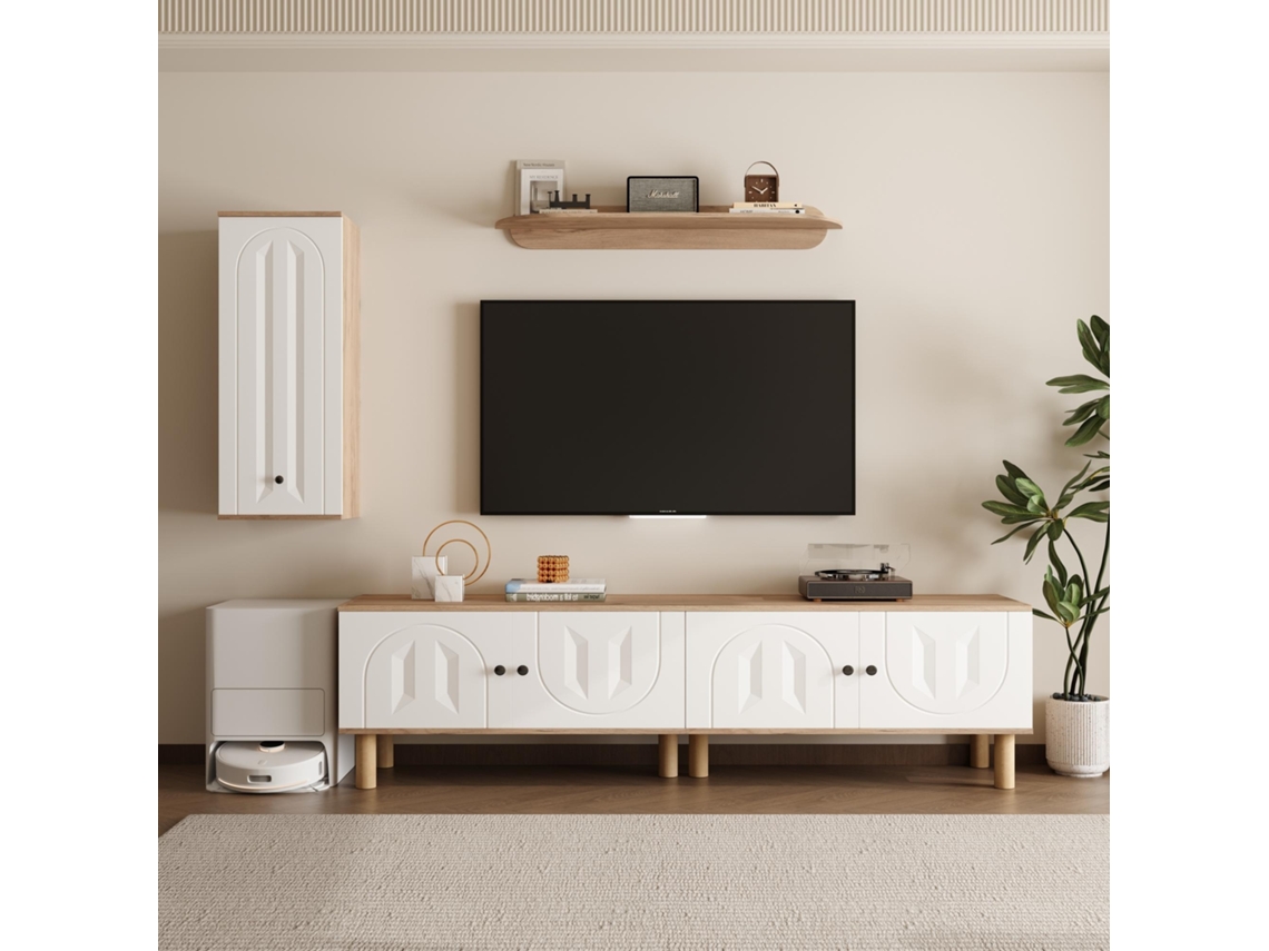 Conjunto De 3 Piezas Para Tv De Pared 170 Cm En Madera, Con Vitrina, Estante Y Puertas Talladas, Blanco
