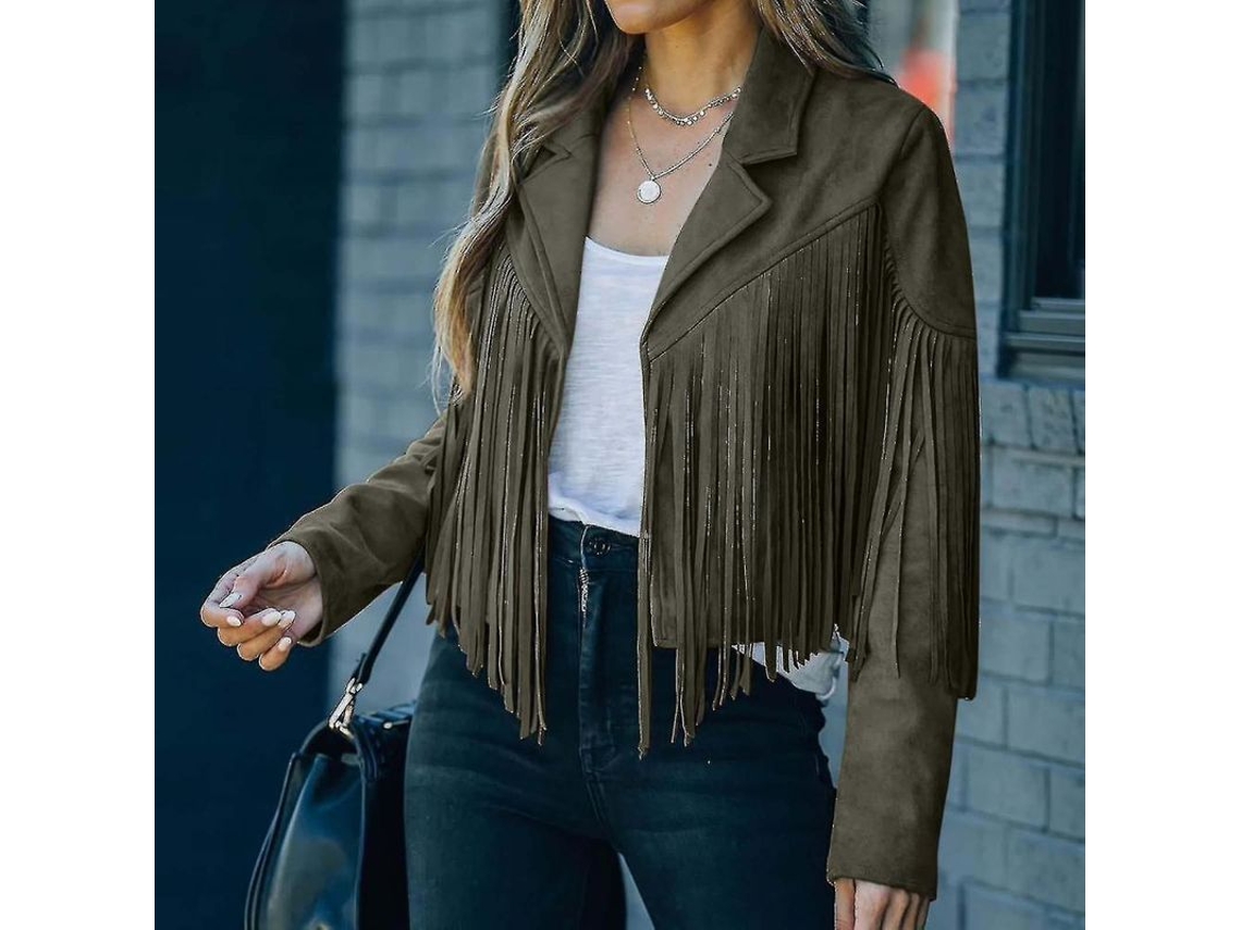 2026-abrigo De Piel Falsa Gamuza Para Mujer Estilo Vaquero Con Flecos Manga Larga Tallas S-xxxl S Verde Ejército