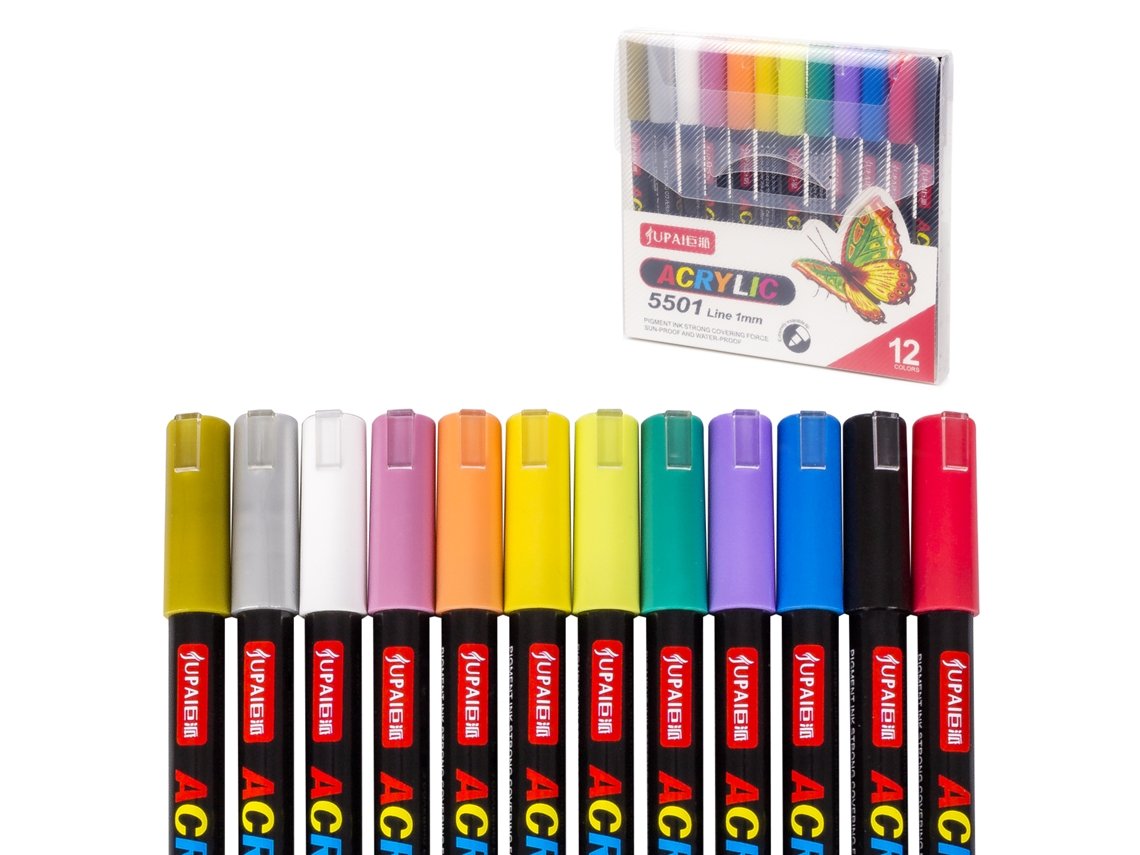 Marcadores Upai con tinta acrílica base agua. 12 unidades con minas de punta de 0,7 a 1 mm.
