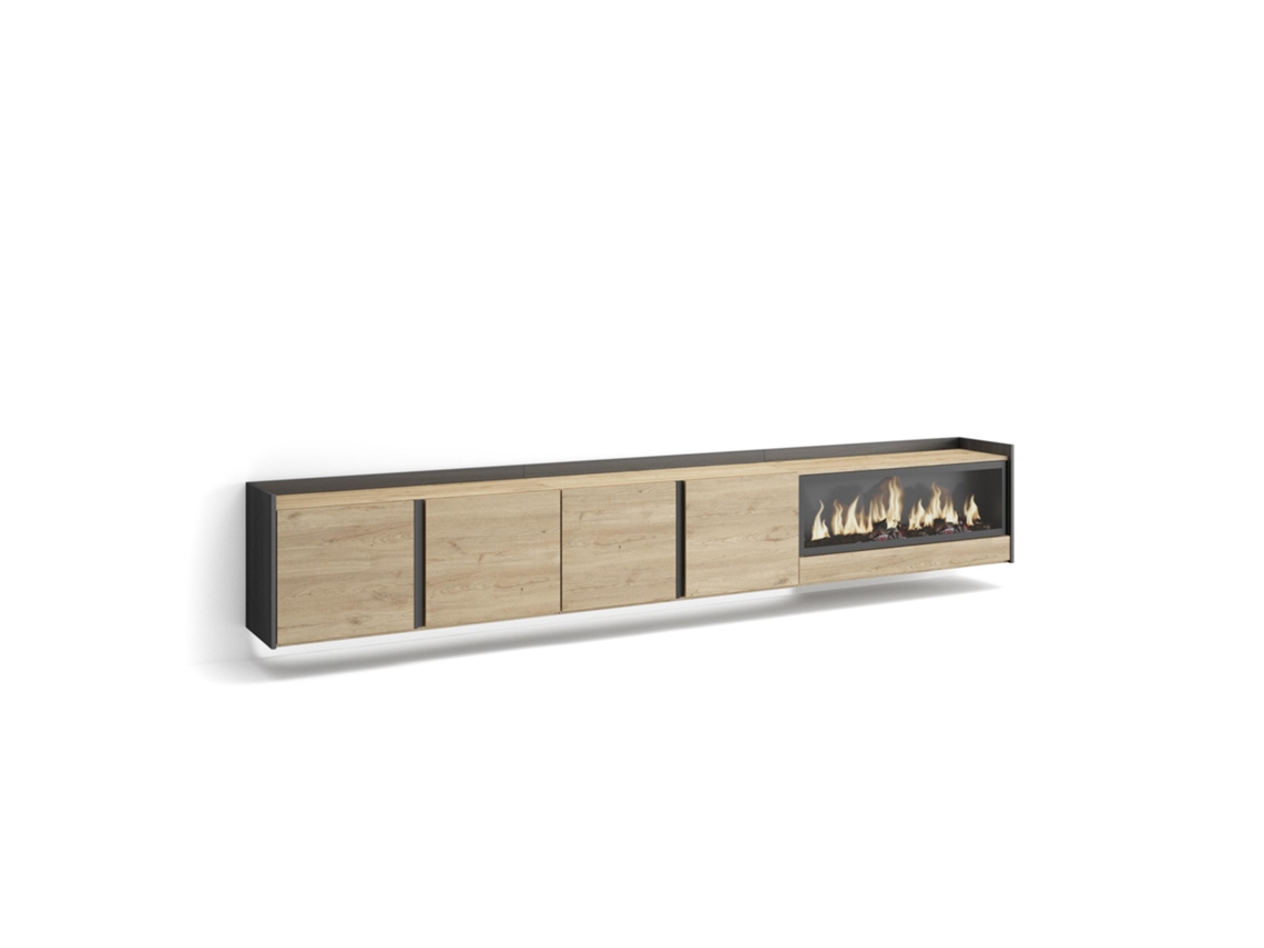 Mueble para TV, 315x35x50cm, para televisores de hasta 80'', chimenea eléctrica XXL, montaje en pared, LED, roble y negro.