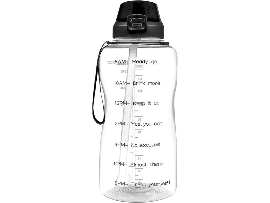 Botella de agua Rebe de 2 litros con pajita y tapa abatible, libre de BPA y con indicador de tiempo transparente.