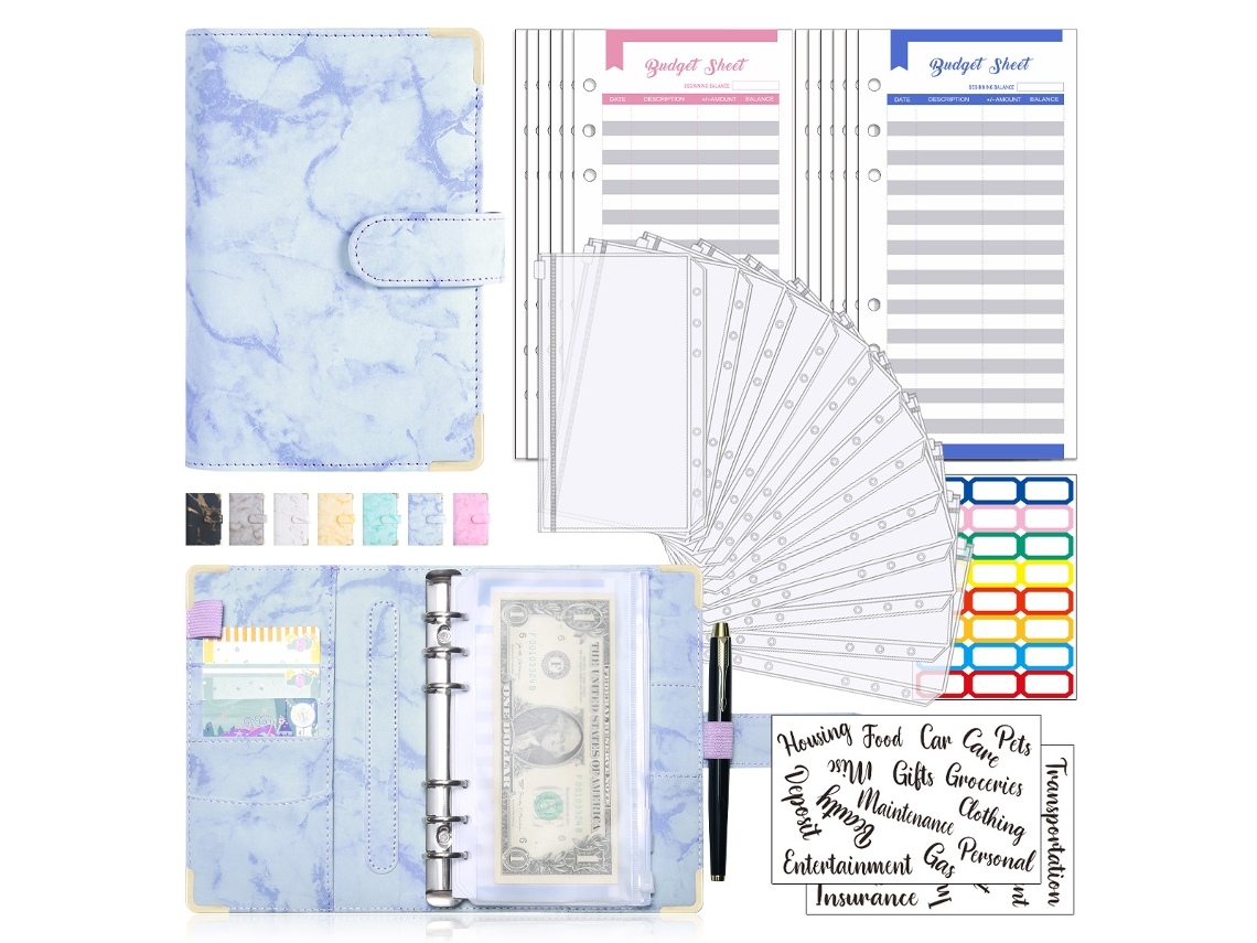 Cuaderno Siurn A6 de hojas sueltas en piel sintética, juego de sobres para presupuestos en azul violeta