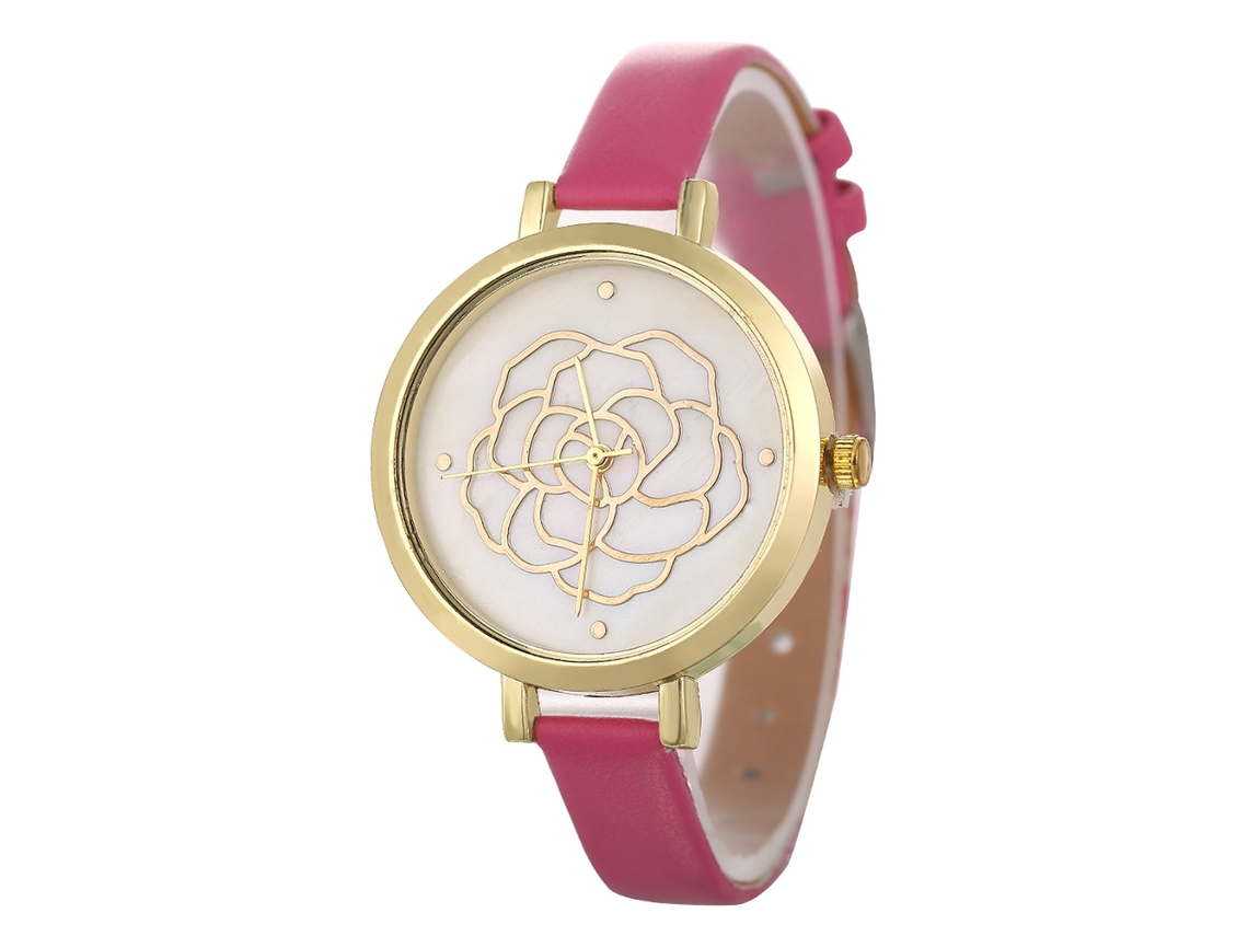 Reloj De Pulsera Moderno Para Mujer De Piel Con Esfera Redonda Y Movimiento De Cuarzo Rosa.
