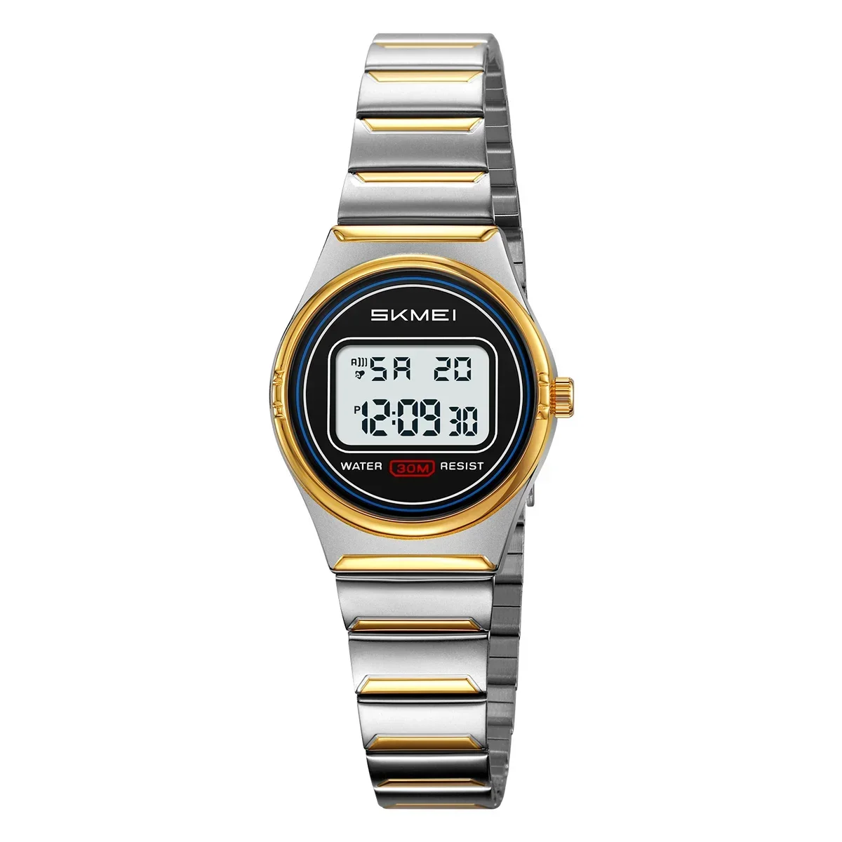 Reloj De Pulsera Digital Compacto De Acero Inoxidable (plata Y Oro), Resistente Al Agua, Para Deportes Y Mujer.