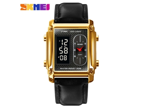 Reloj cuadrado analógico digital LED electrónico multifunción resistente al agua para hombre-cinturón dorado LUUCOZK