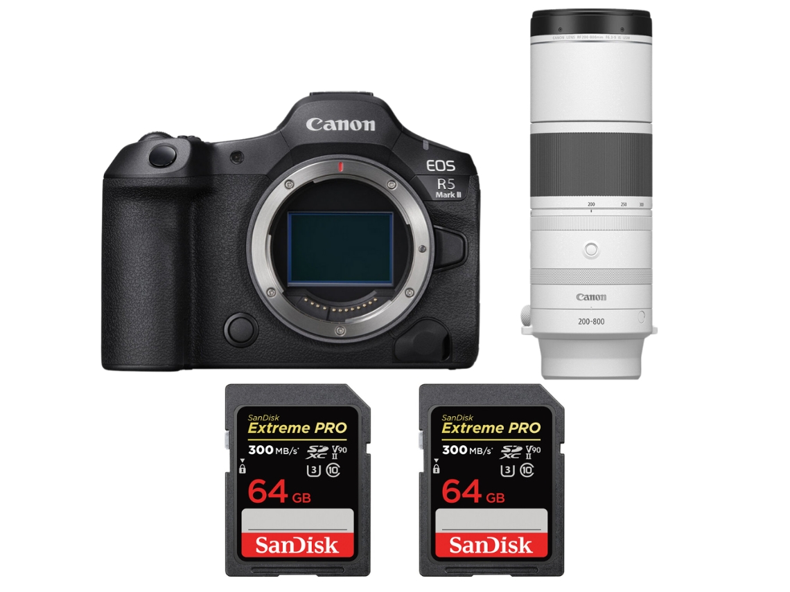 Canon EOS R5 Mark II + RF 200 800mm F/6.3 9 IS Usm + 2 Sandisk 64GB UHS II 300MB/s + Libro electrónico “20 consejos para fotos impresionantes”