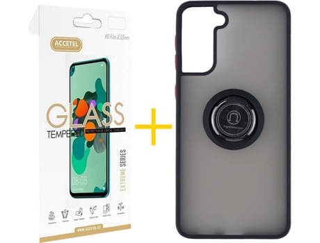 Carcasa y Protector de Pantalla de Vidrio Samsung S21 Plus ACCETEL Gel Bumper Ring Negro