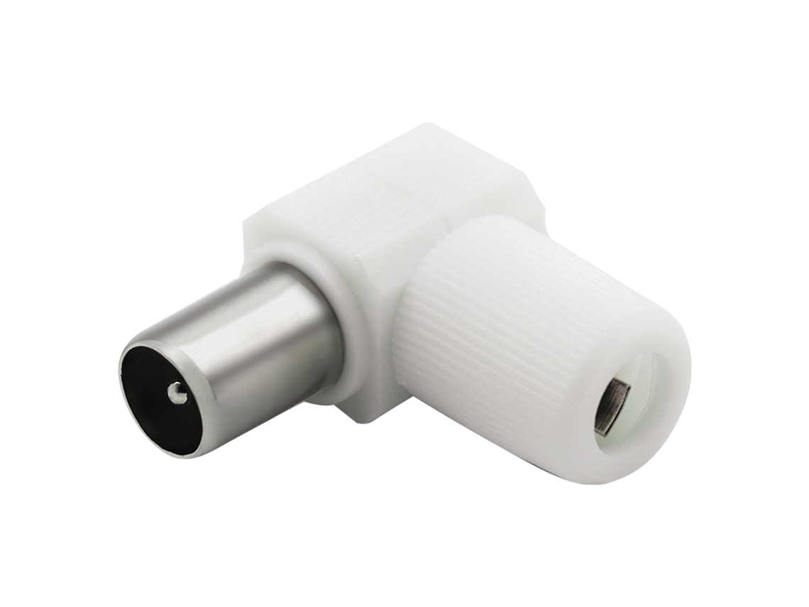 Conector coaxial de TV de 9,52 mm, macho en ángulo recto, supresión de interferencias, blanco, fuerza de alimentación