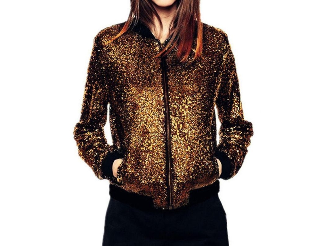 2026-chaqueta Casual Sin Cuello Slim Con Brillos Para Mujer Con Cremallera 2xl Oro