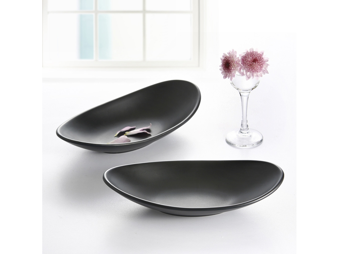 Vajilla de melamina de porcelana negra con efecto helado, plato en forma de barco, plato para sushi con carne cruda a la parrilla