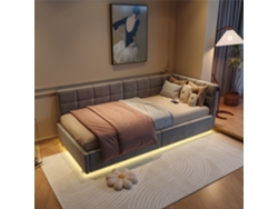 Cama flotante de terciopelo gris de 90 x 200 cm con LED, puertos USB y tipo C, moderna cama individual con depósito de gas y luz con control remoto.