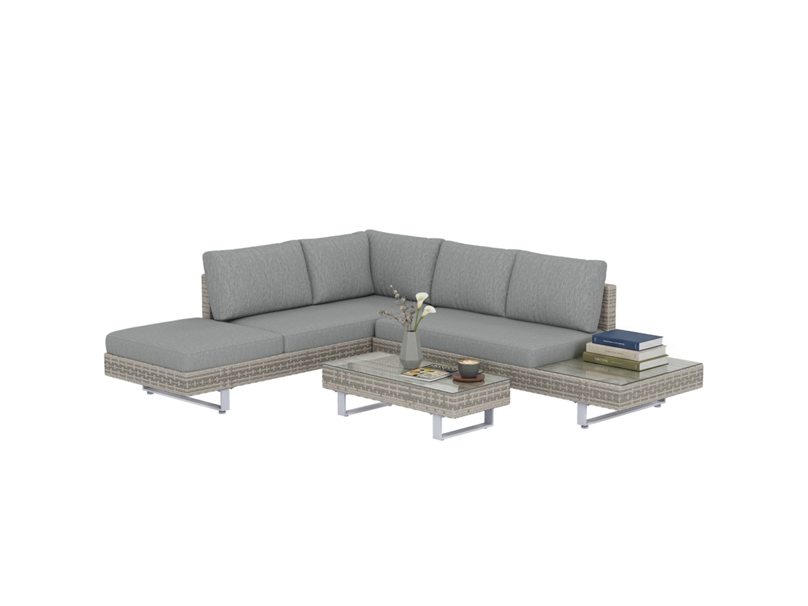 Conjunto Modular De Jardín De Ratán Compuesto Por 3 Piezas: Sofá, Mesa De Centro Y Mesa Auxiliar.