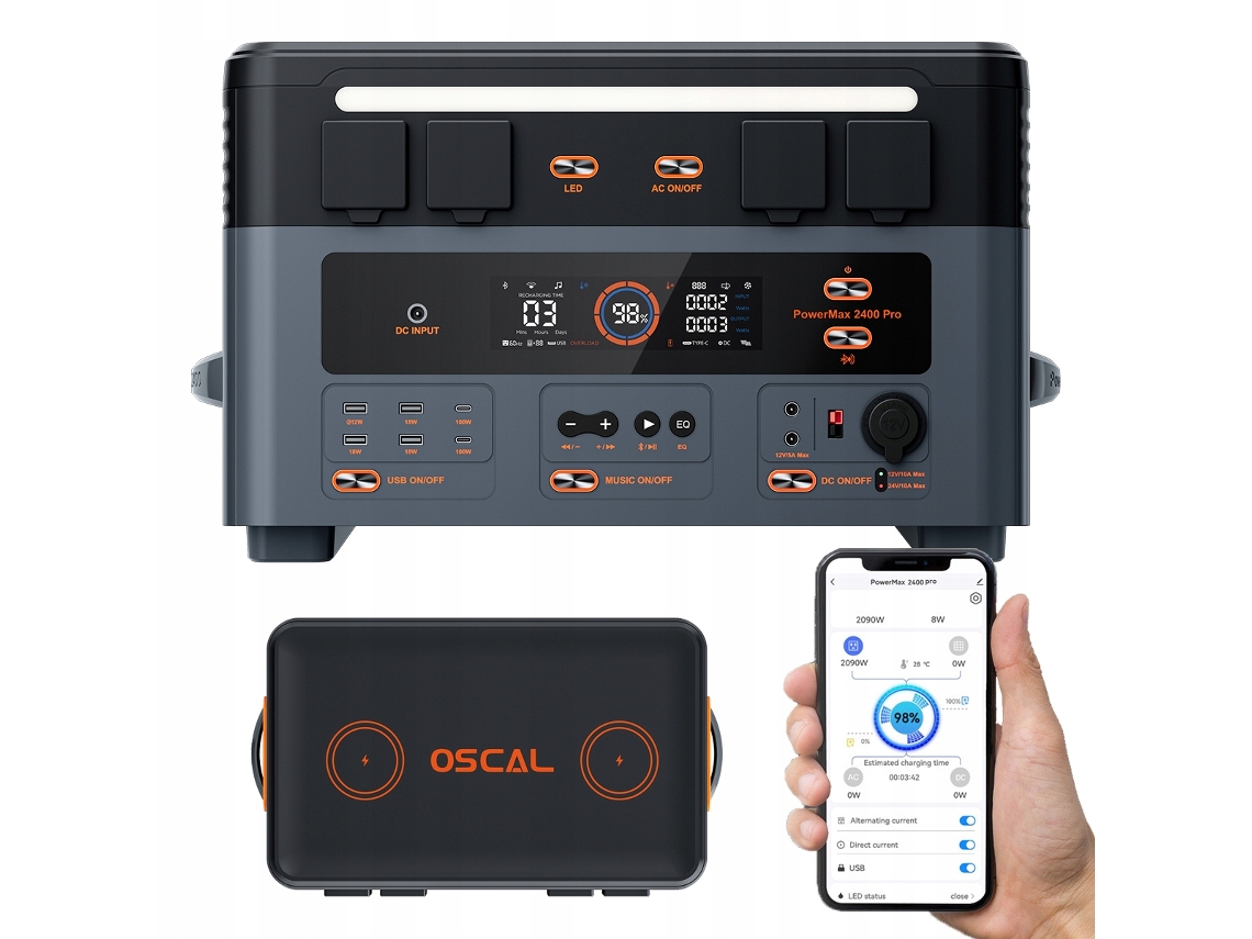 Generador solar Powerstation Oscal Powermax 2400 Pro, con batería Lifepo4 de 2016 Wh, 2400 W de potencia, 16 puertos de salida y control mediante aplicación.