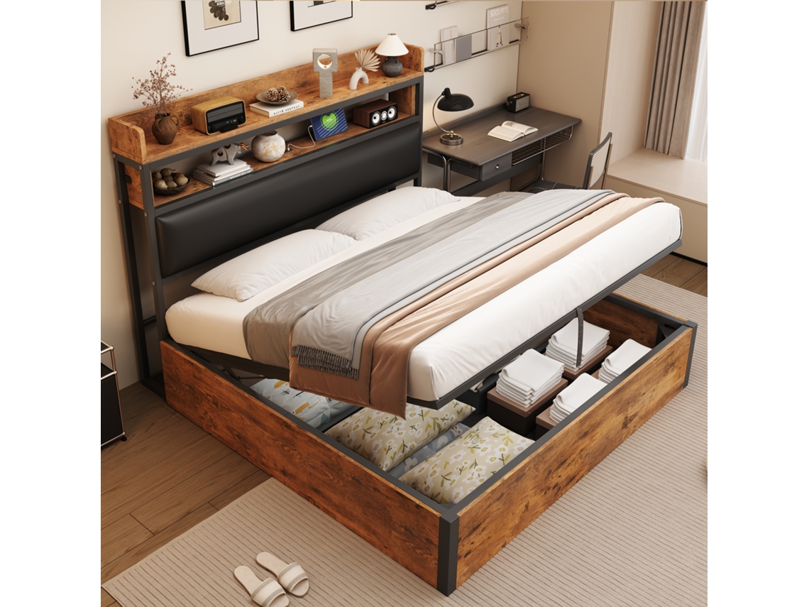 Cama Doble Negra De 180x200 Cm Con Sistema Hidráulico, Iluminación Led, Almacenamiento Usb Y Estilo Retro.