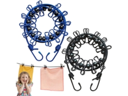 Ropa elástica para acampar, portátil, de 185 cm, con soporte recubierto y curva de posicionamiento negra.
