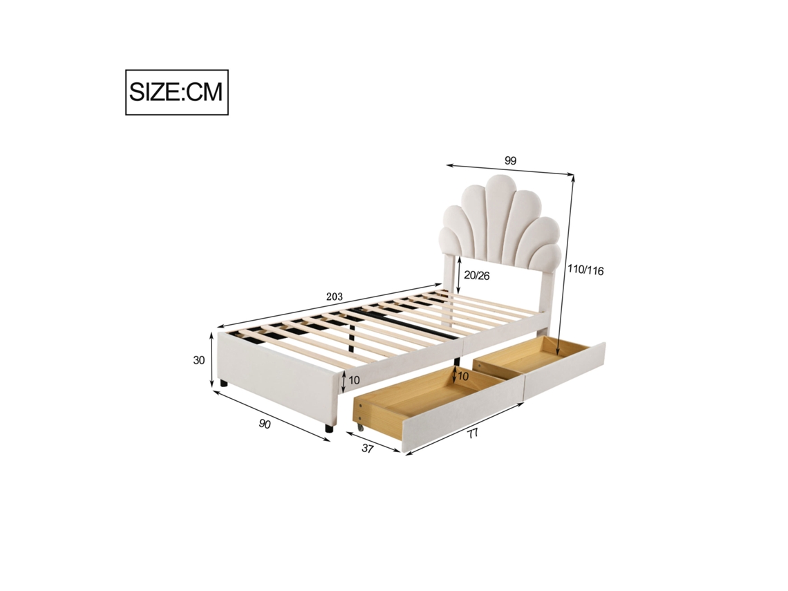 Cama individual tapizada en terciopelo con 2 cajones - 90x200cm - Cabecero con forma de flor - Somier de muelles - Beige