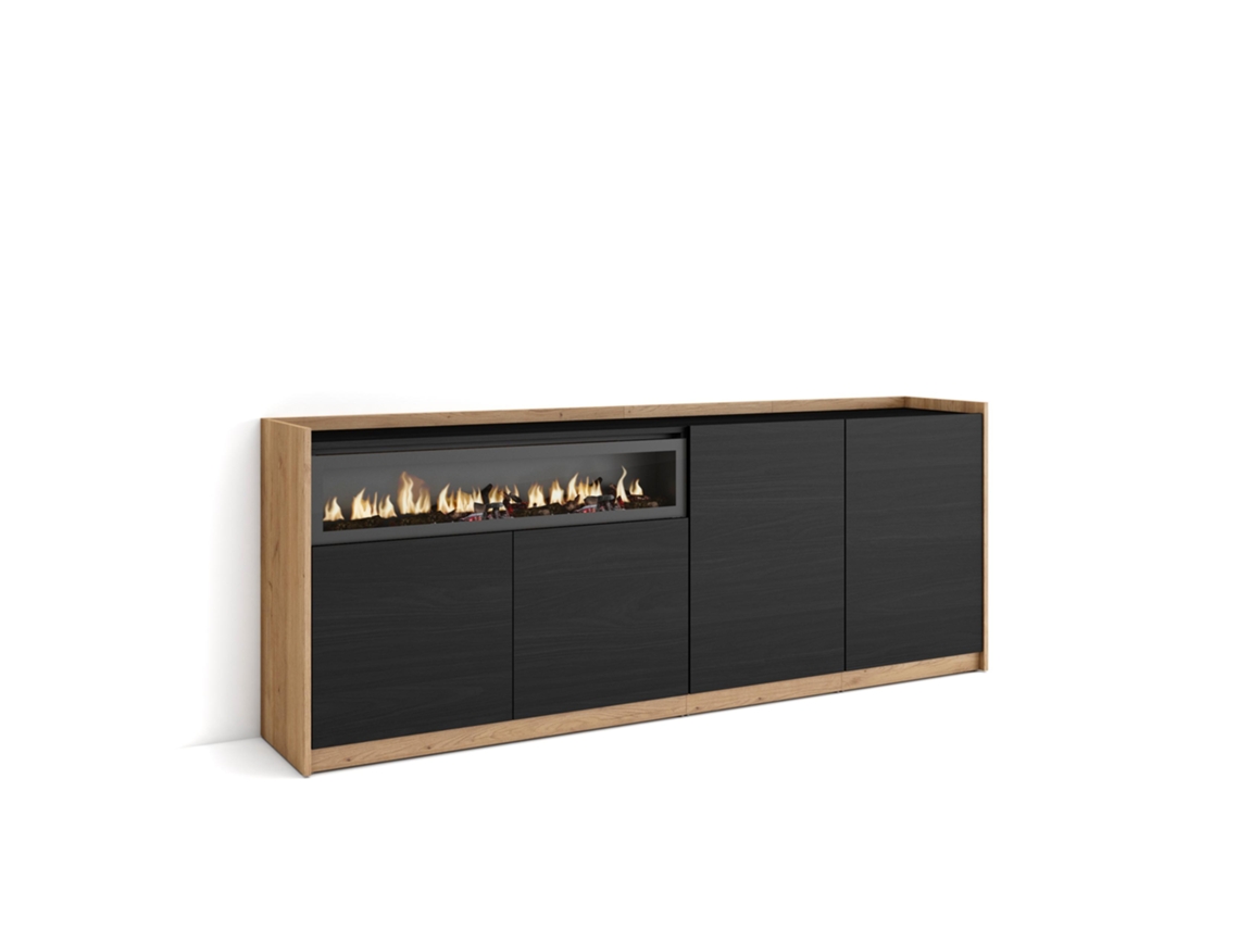 Aparador de comedor, 207x37x80cm, 4 puertas, chimenea eléctrica, negro y roble.