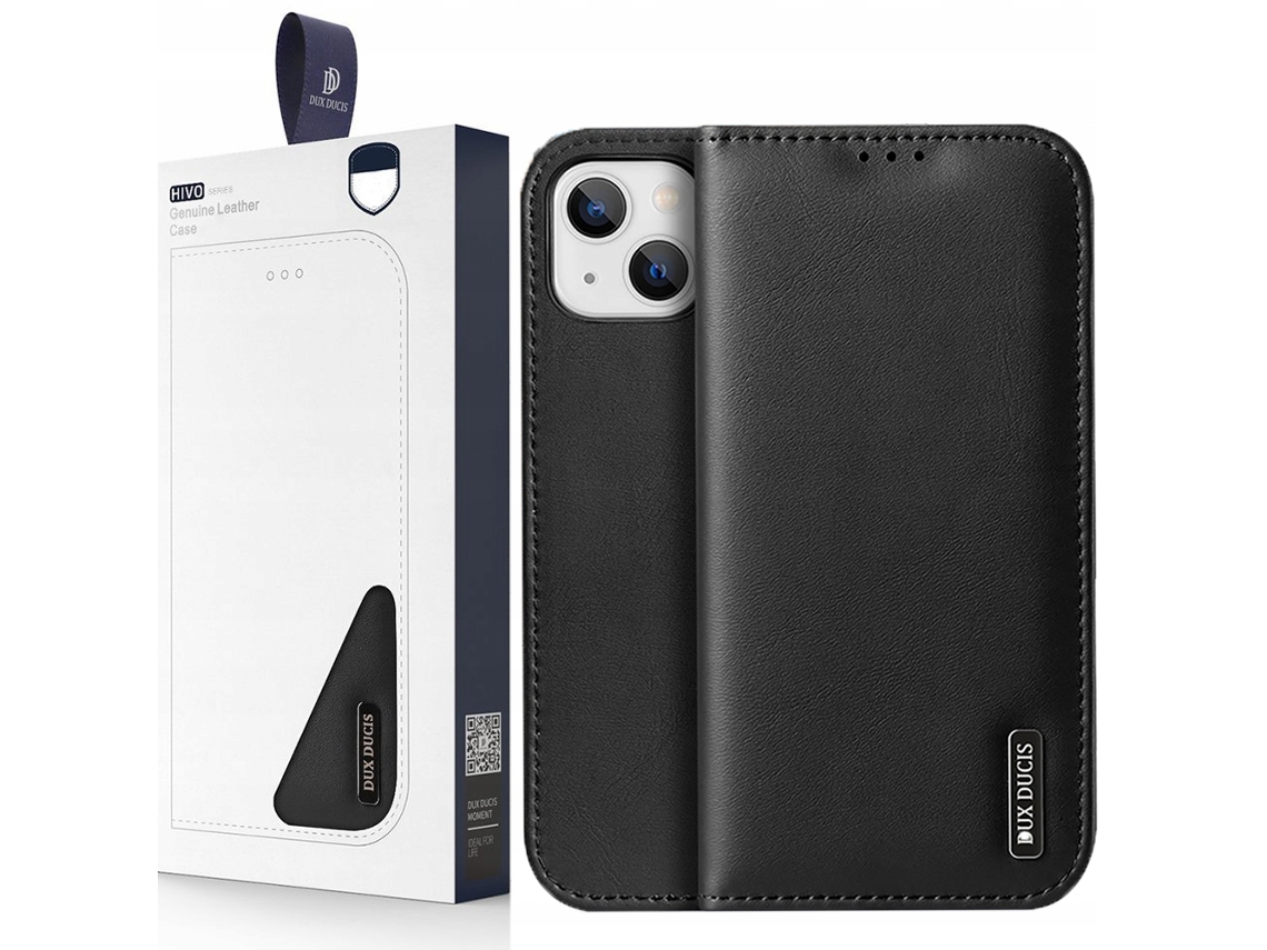 Funda De Cuero Genuino Dux Ducis Hivo Tipo Billetera Con Tapa Para Iphone 14 Plus, Color Negro, Con Ranuras Para Tarjetas Y Documentos