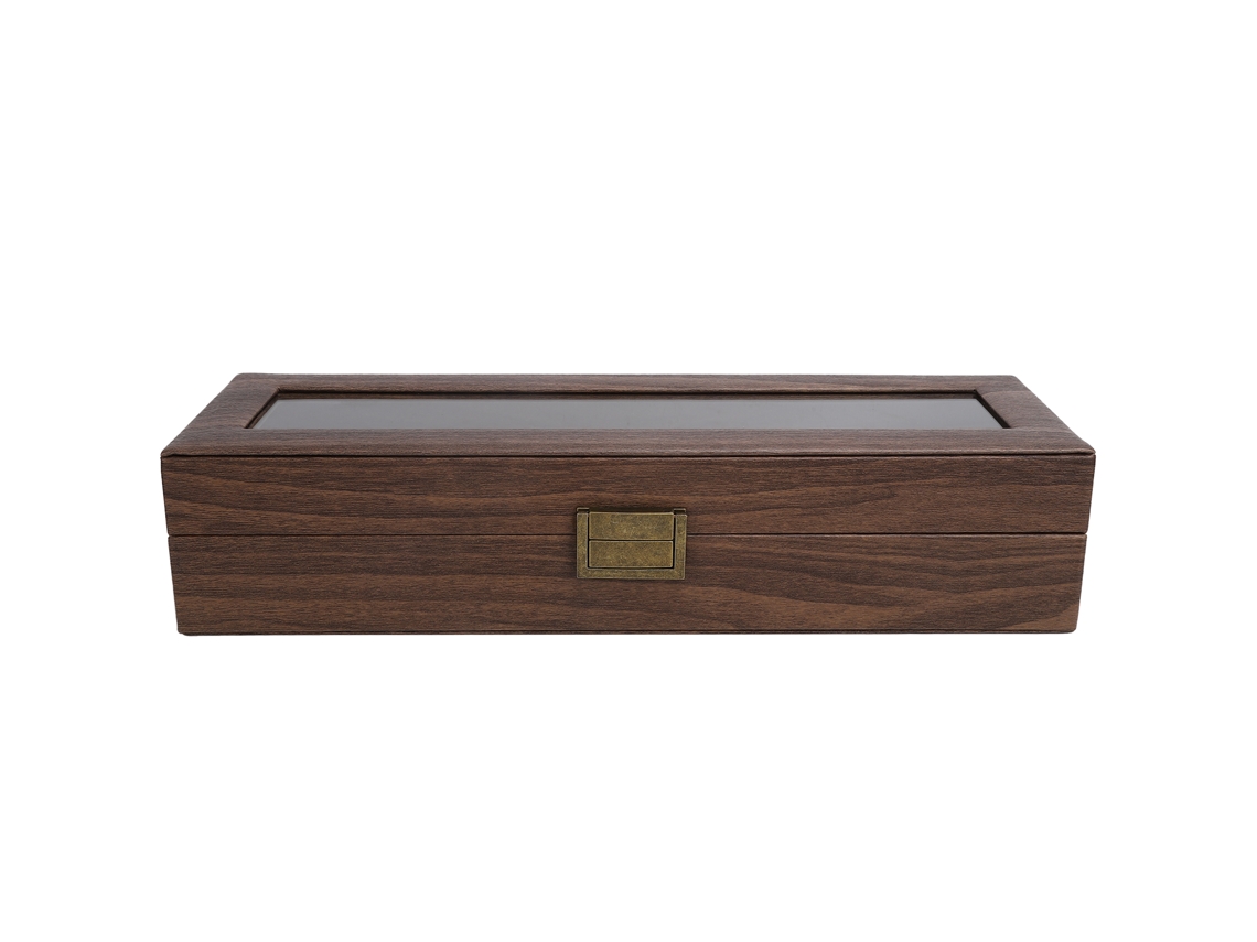 Caja portátil para guardar relojes con 6 compartimentos, hecha de madera.
