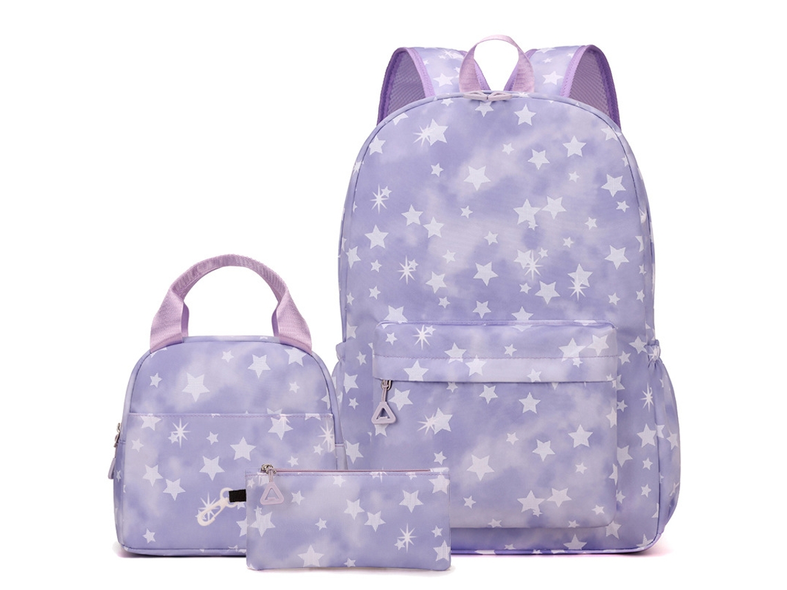 Mochila escolar de tres piezas, gran capacidad, diseño de estrella, morada