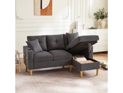 Sofá Moderno En L 3 Plazas Con Chaise Longue - Almacenamiento, Portavasos, 2 Cojines - Gris