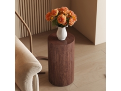 Elegante mesa de centro redonda en MDF con acabado minimalista y moderno en nogal (no aplicable)