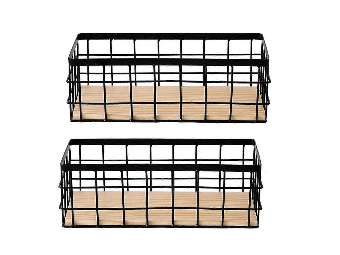 Paquete de 2 cestas de almacenamiento de metal con base de madera, cesta de alambre para el hogar
