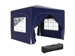 Cenador plegable de 3x3 m con paneles laterales, protección UPF50, altura ajustable, color azul oscuro.