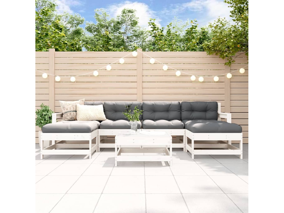 Conjunto Lounge 7pcs Jardim C/ Almofadas Madeira Maciça Branco Dkd Home Decor