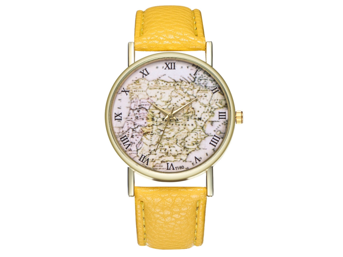 Reloj De Pulsera Unisex Zhoulianfa De Piel Sintética Con Estampado De Mapa Y Diseño De Cuarzo Amarillo.