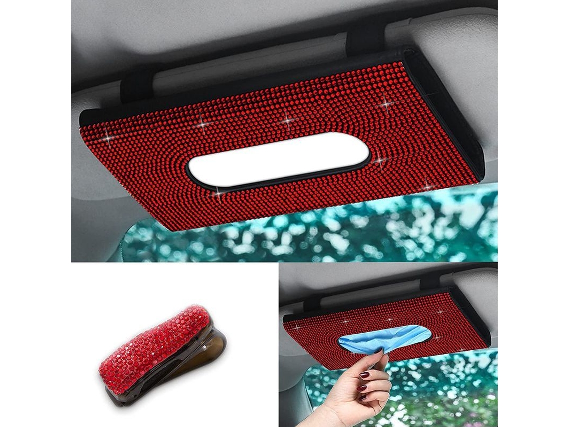 Porta Pañuelos Para Visera De Coche Con Clip Diamante Rojo Y Porta Gafas Brillante Pu Cuero