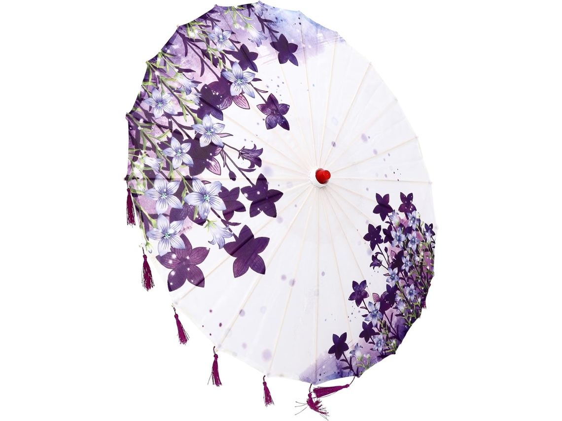 Paraguas Clásico Japonés Ciieeo De Papel Aceitado, Estampado Floral Lavanda, Mango De Madera Pulida.
