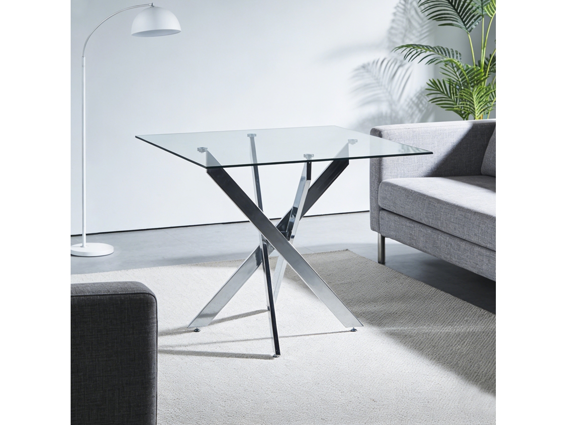 Mesa De Comedor Cuadrada 80x80x75 Cm Con Vidrio Templado Y Patas Metálicas Cruzadas Cromadas, Moderna