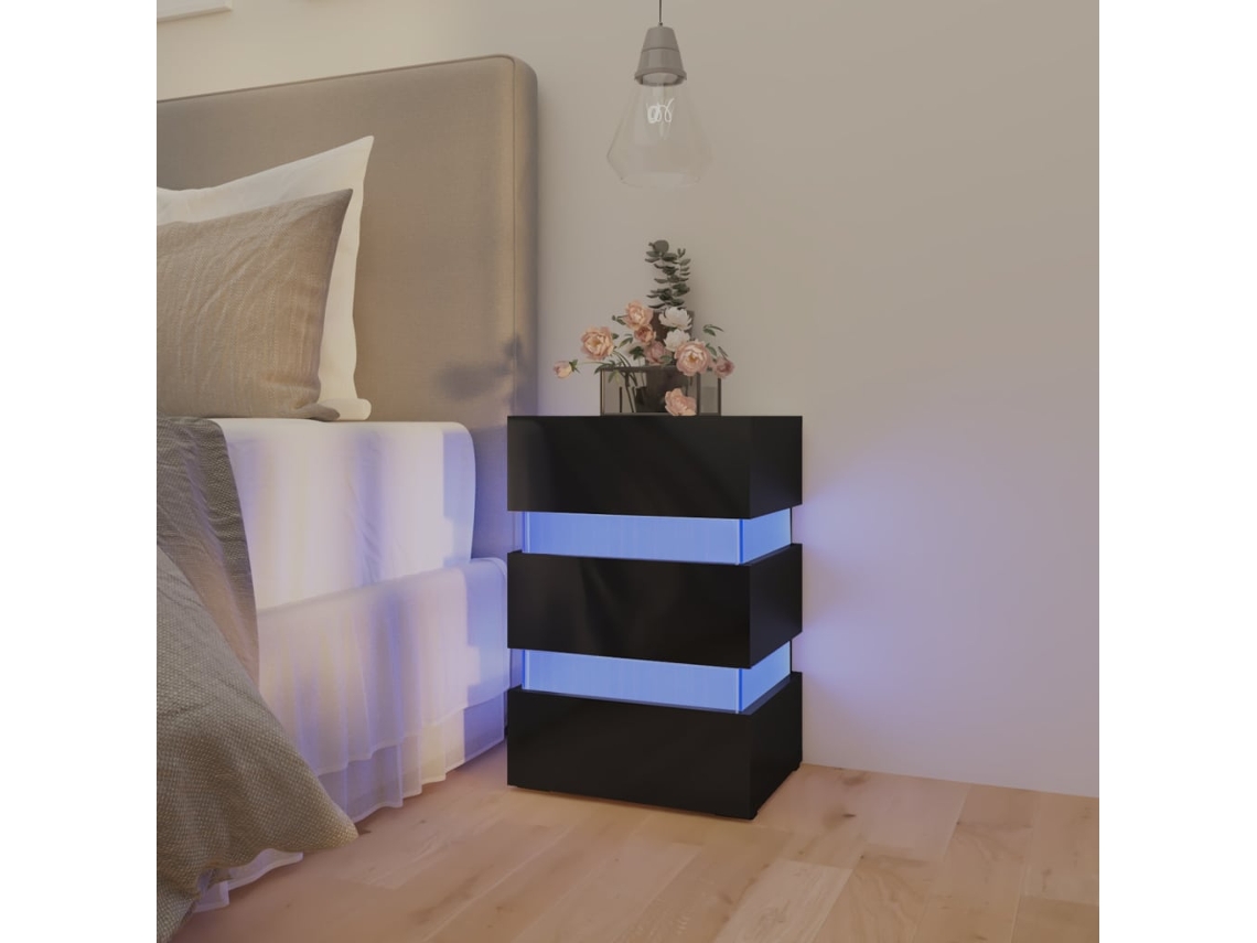 Mesita de Noche con Luces Led Deriv. Madera Negro Brillante