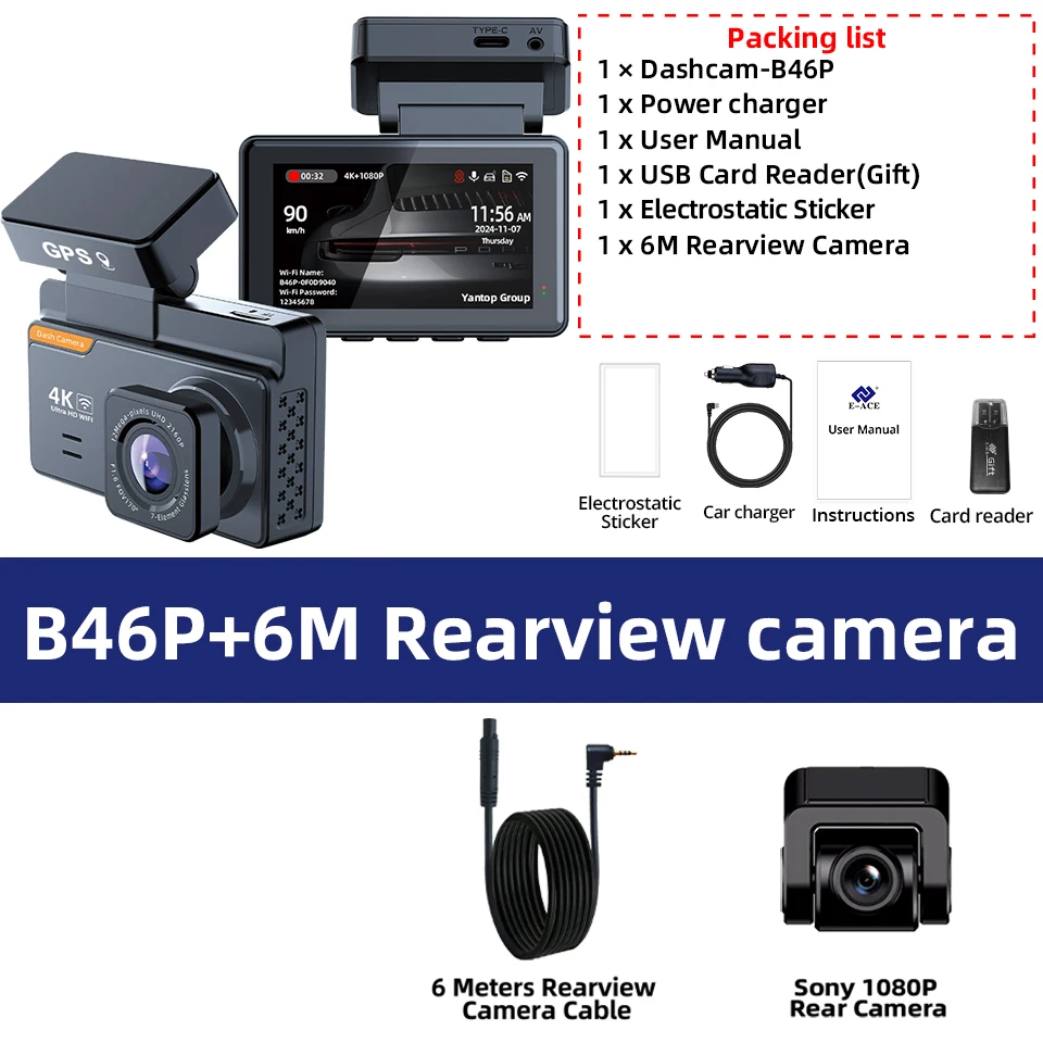 Dvr Para Coche 4k (256 Gb) Con Lentes Duales, Tamaño De 3 Pulgadas Y Gps/wifi