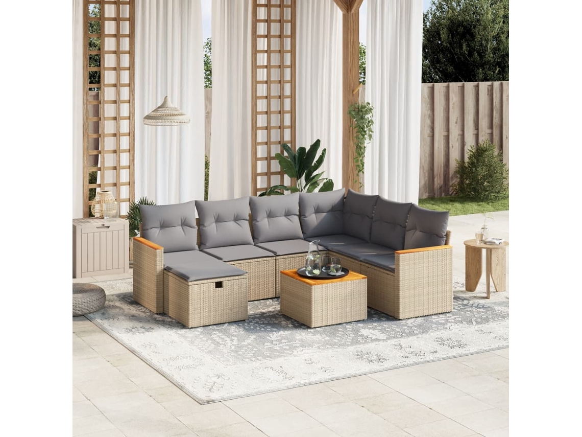 Conjunto de sofá de jardín de 8 piezas con cojines en mimbre beige mixto y decoración del hogar DKD