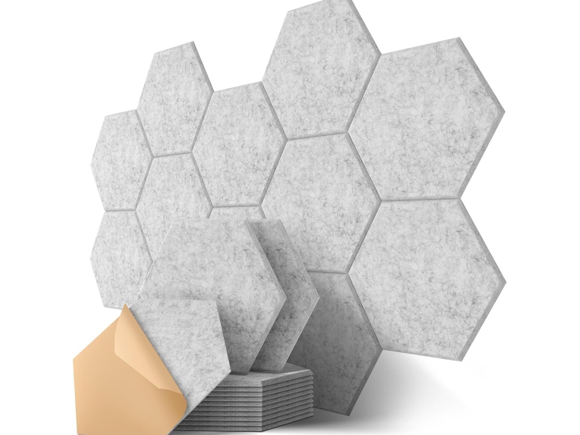 Paineles Acústicos Chrui Poliéster Hexag Alta Densid 30x26cm 12 Un (gris Claro)