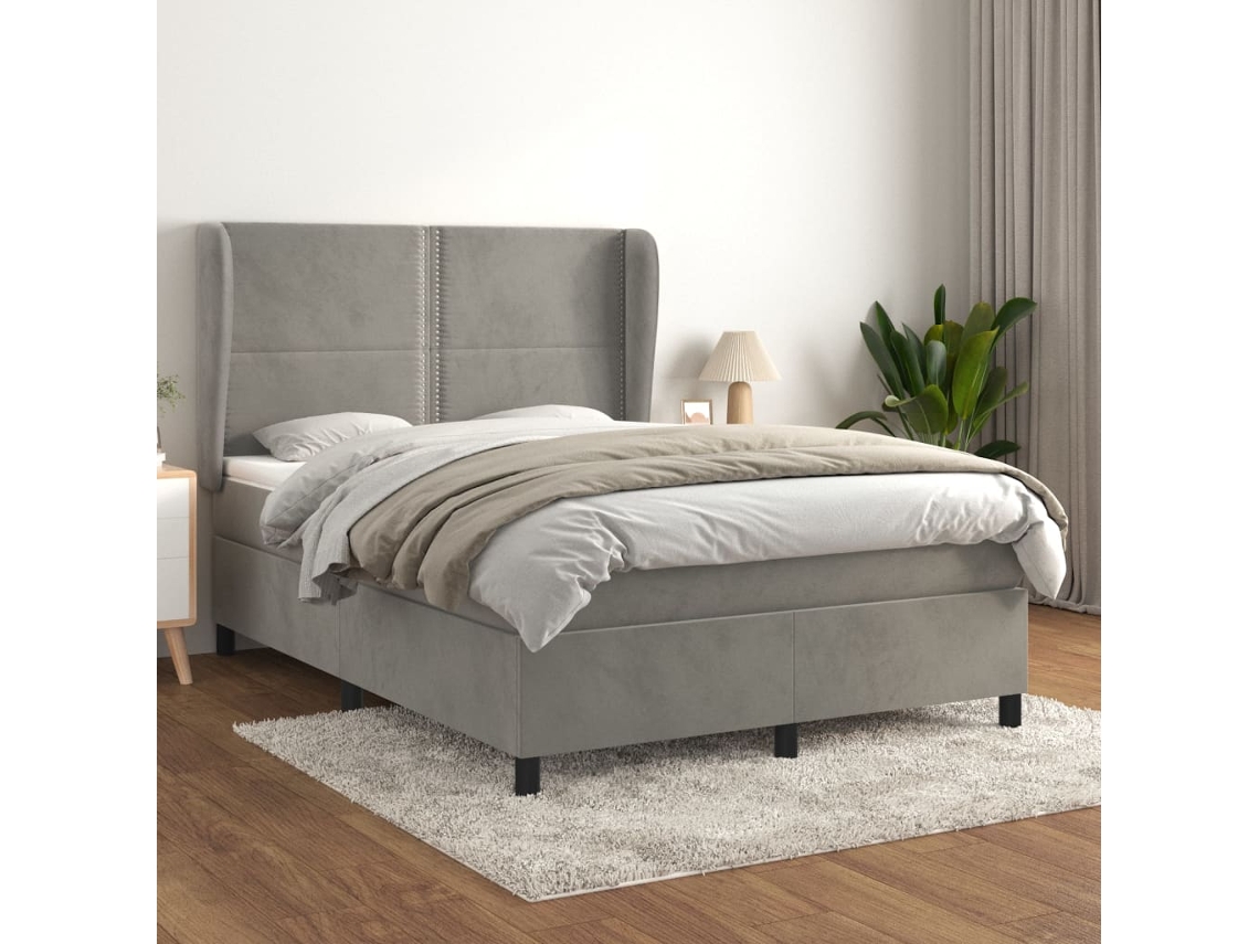 Cama Box Spring Con Colchón Terciopelo Gris Claro 140x200 Cm