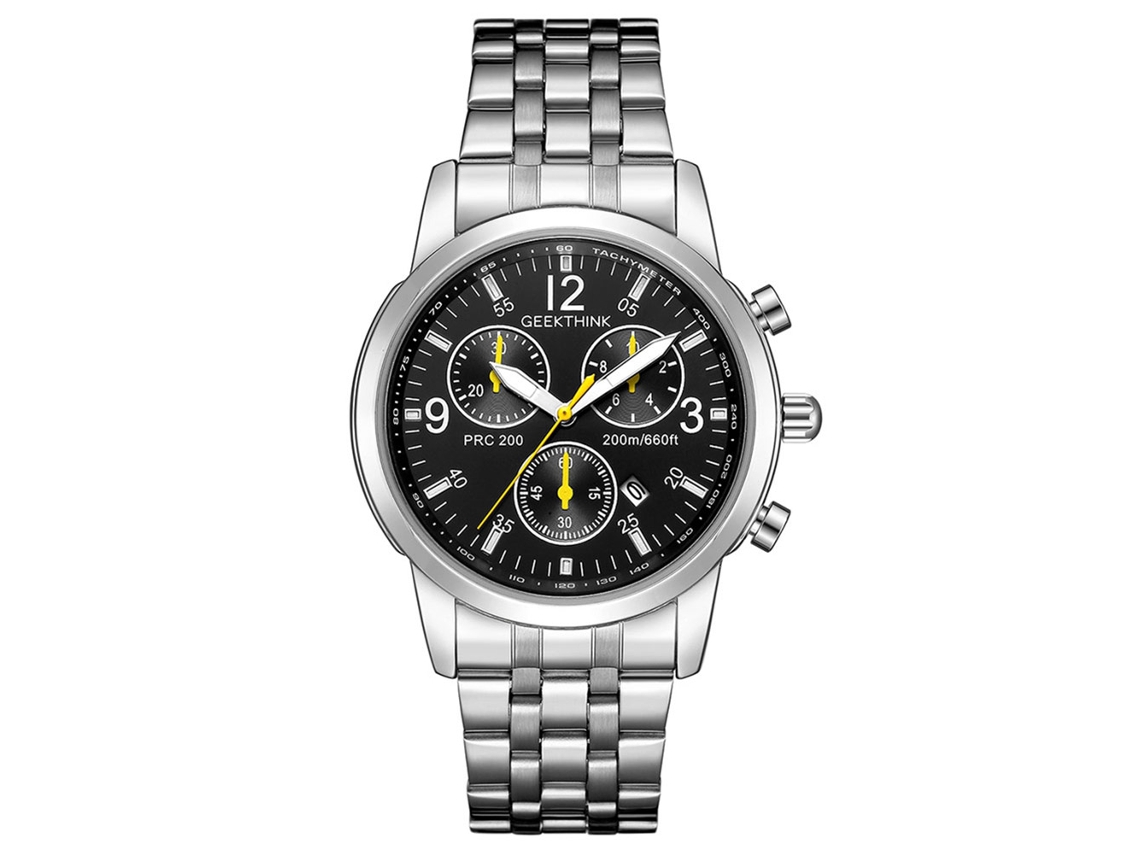 Reloj De Pulsera Geethink Para Hombre, De Acero, Esfera De Tres Subesferas, Cuarzo, Color Plata, Color Negro.