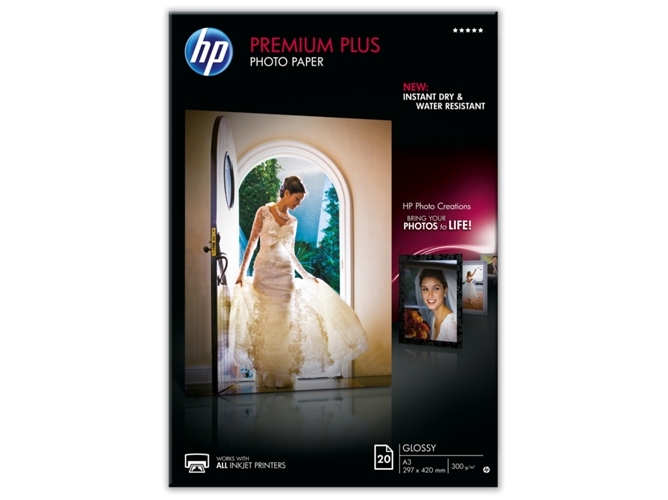 Papel fotográfico brillante HP Premium Plus 300 gramos/m2 - 20 hojas/A3/297 x 420 mm (CR675A)