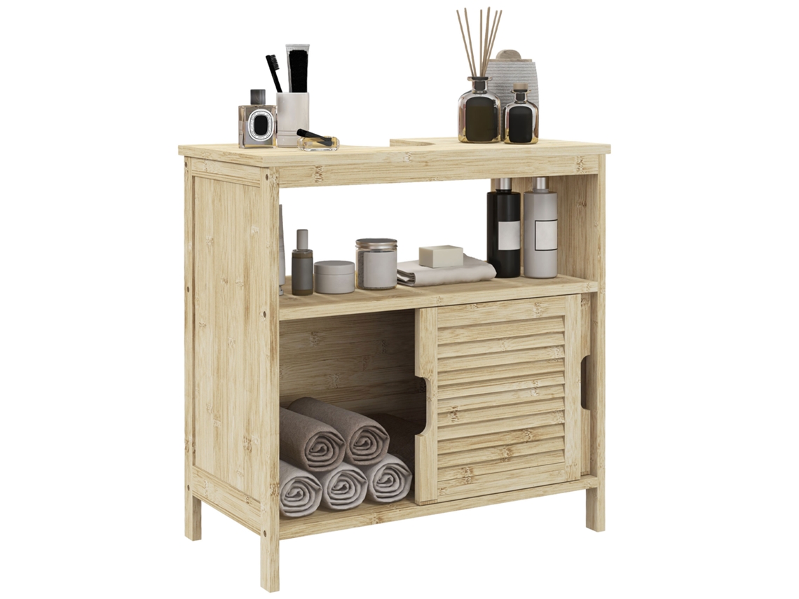 Mueble Bajo Lavabo Con Puertas Correderas De Lamas Y Compartimento Abierto, Acabado Natural Moderno, 60x30x60 Cm