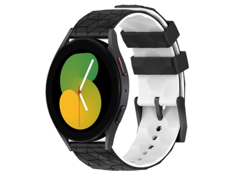 Correa de reloj inteligente para Samsung Galaxy Watch 5, 44 mm, 20 mm, patrón de fútbol, correa de reloj de silicona de dos colores (negro + blanco)