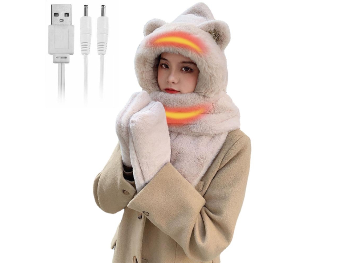 2026-gorro Bufanda Guantes Calentados 3 En 1 Con Pelo Suave Para Mujer Niña Invierno Cálido Lindo Orejas Plush Set