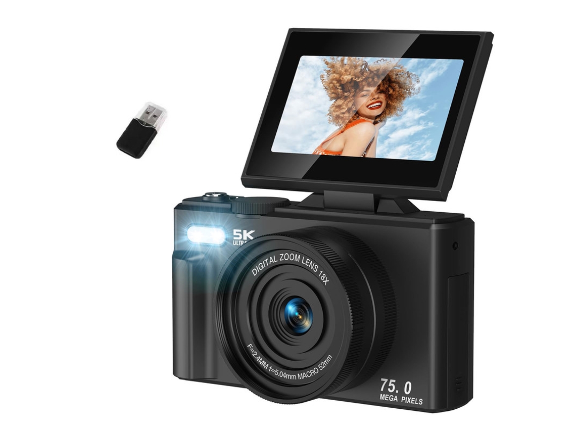 Cámara digital compacta Szsmart CL08 con pantalla de 3 pulgadas, resolución 5K HD de 75 MP y zoom de 18x para niños y adultos (negra)