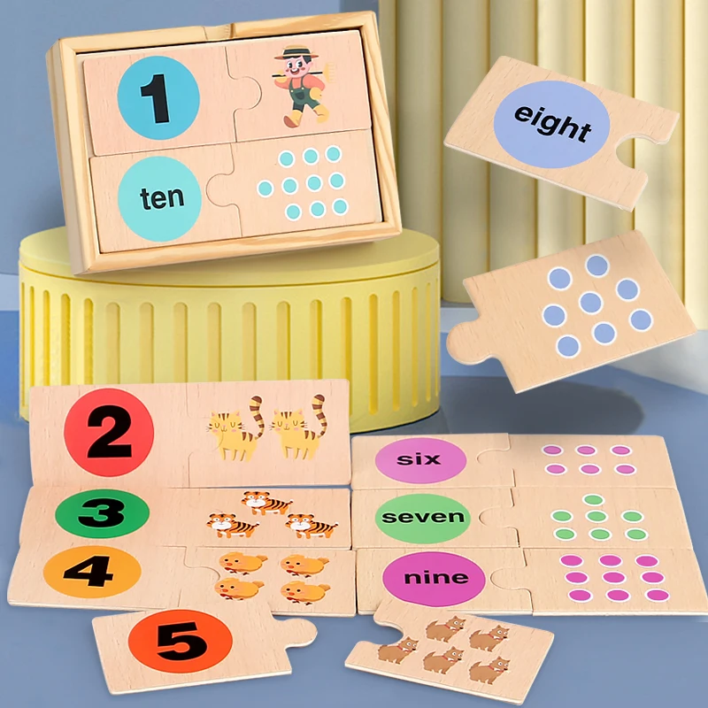 Niños Número Emparejamiento Rompecabezas Juguetes Montessori Early Learning Madera Número Patrón Engrosado Bloques De Construcción
