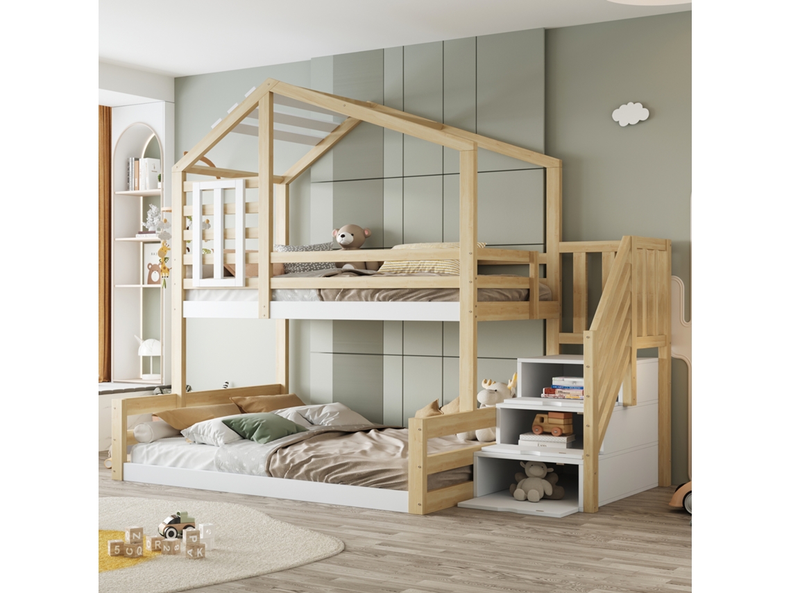 Litera MOBRIO 90x200 cm + 140x200 cm en madera maciza con barandillas de seguridad y escalera de almacenaje, color blanco y natural